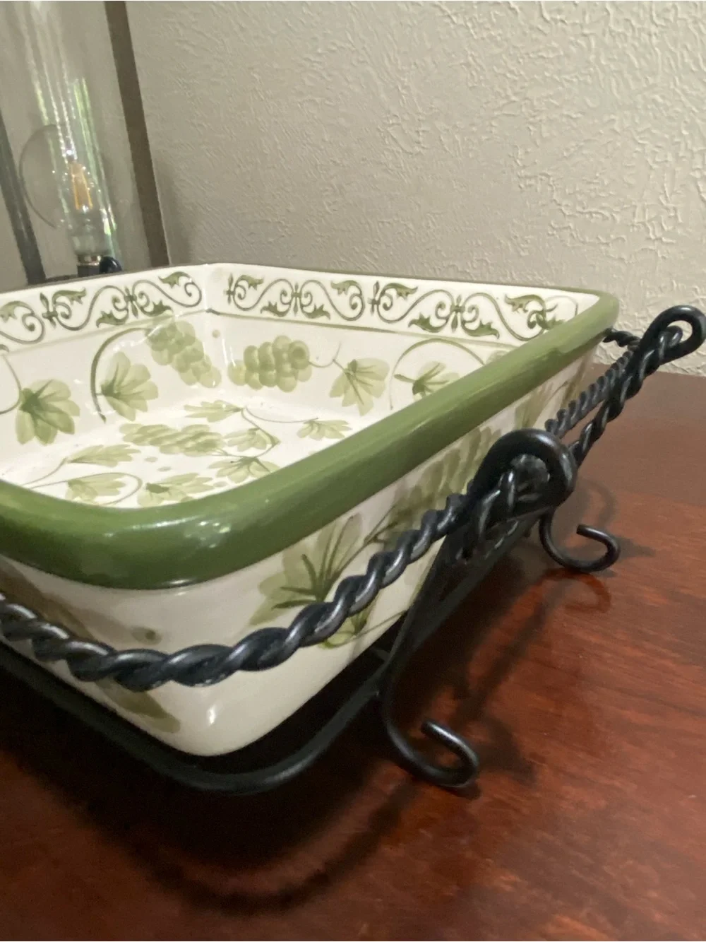 Temptations by Tara, Vineyard Green Square Baker with Black Wire Serving Rack 2Q